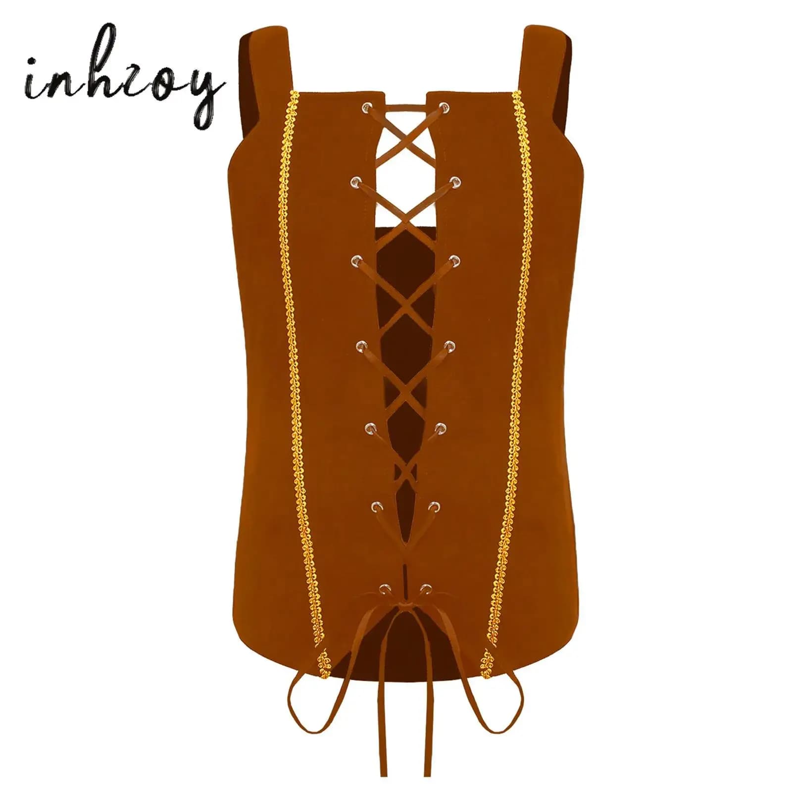 Medieval Girls Pirate Renaissance Cosplay Costume Halloween Reversible Peasant Bodice Lace-up Gold Trim Suede Corset Vest Top