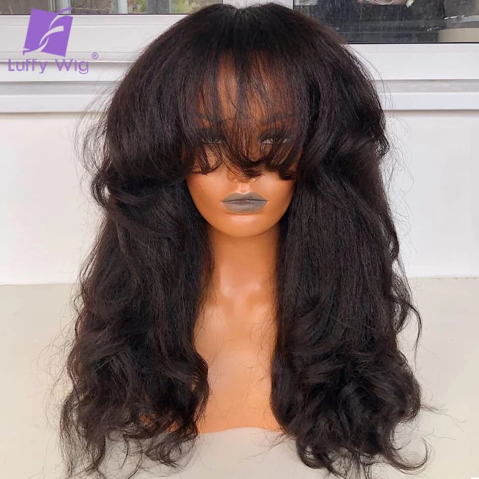 Yaki Wavy Wig with Bangs Full Machine Made Scalp Top Wig Wavy Yaki Fringe Wig Remy Brazilian Human Hair Wigs for Women 22" Luffy