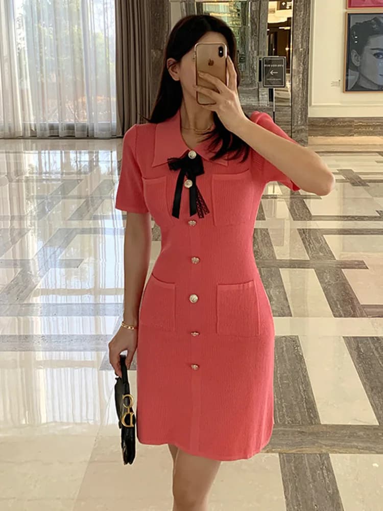 Fashion Knitted Summer Dresses Women's Lapel Short Sleeve Bodycon Dress Female Casual Single-breasted Knitwear Dress For Women