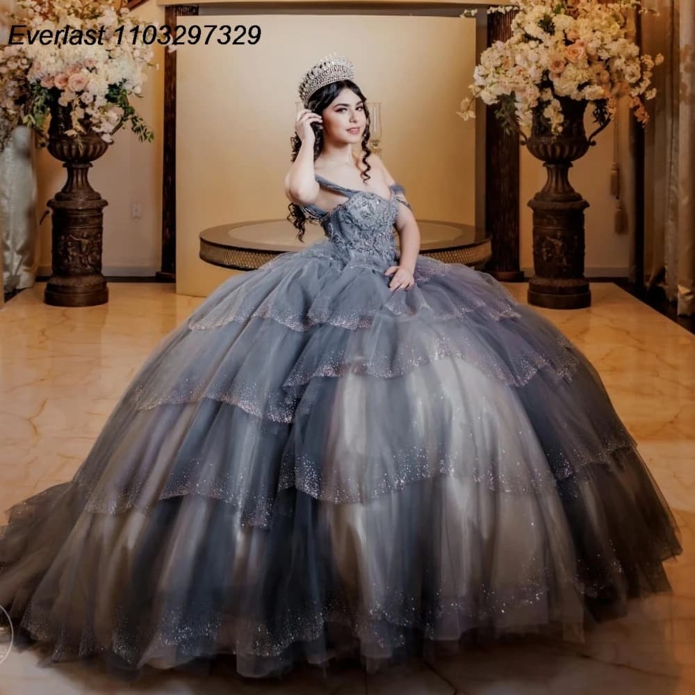 EVLAST Customized Champagne Grey Quinceanera Dress Ball Gown Applique Beading Tiered Corset Sweet 16 Vestido De 15 Anos TQD986