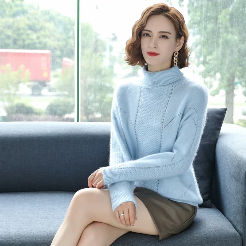 Women's Clothing High Lapel Pullover 100% Mink Velvet Knitted Hollow Top Autumn and Winter Fashion Korean Warm Cashmere Sweater