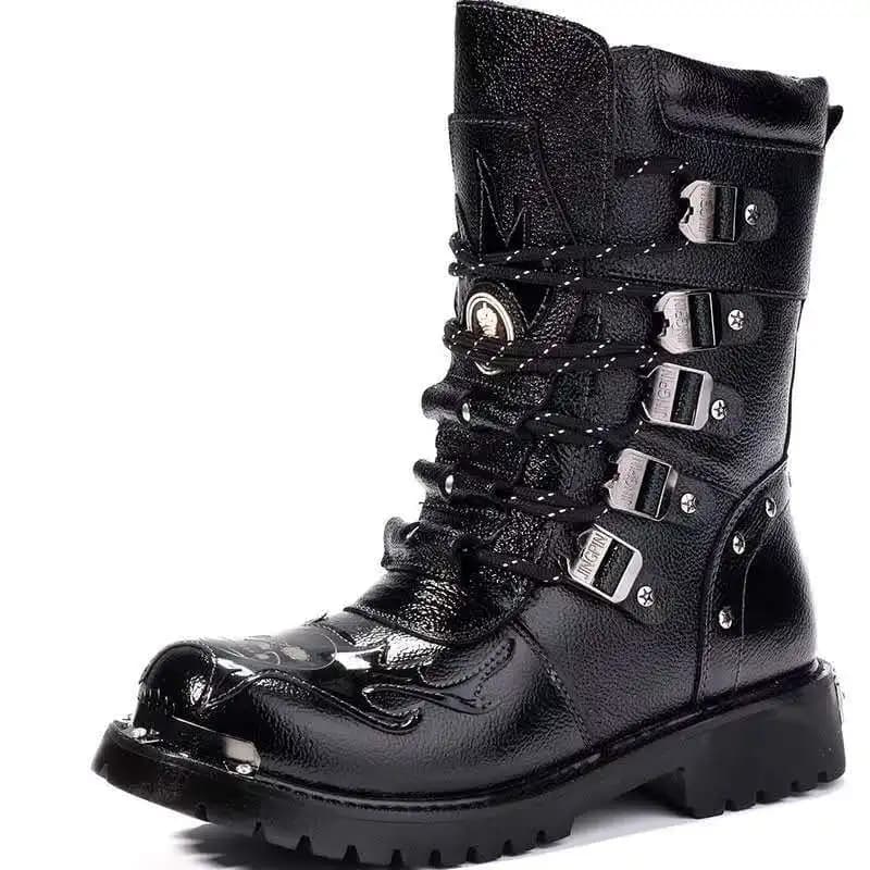 Men Motorcycle Boots Fashion Mid-Calf Punk Rock Punk PU Leather Black High Top Mens Casual Boot Steel Toe Shoes Big Size 38-46
