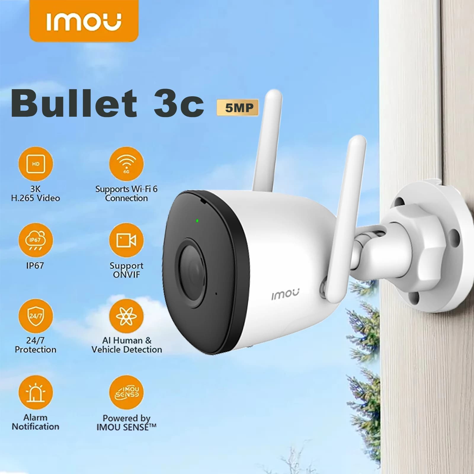 IMOU Bullet 3C 5MP IP Camera Outdoor WIFI Vehicle Detection IP67 Night Vision Security Protection Smart Home Monitor Cameras