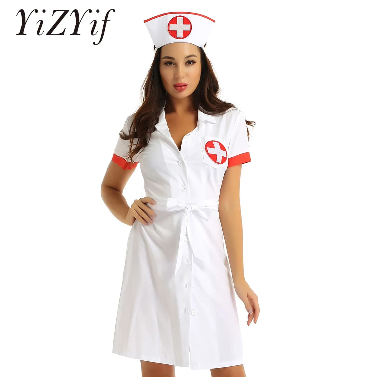 Women lingerie Nurse Costume Fancy Dress up Sexy Costume Lapel Collar Short Sleeve Button Down Uniform Dress with Belt and Hat