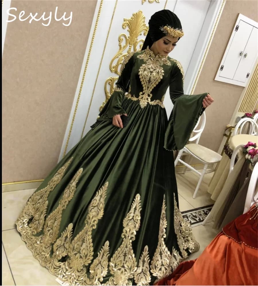 Olive Green Muslim Evening Dress 2025 Kaftan Moroccan Abaya Prom Dress Flare Long Sleeve Satin Indian Turkish Formal Customized