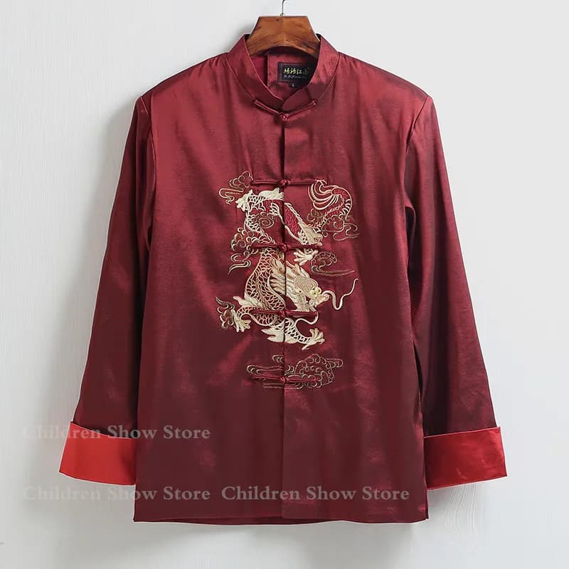 Chinese Style Costume Embroider Dragon Tang Clothes Male Long Sleeve Tops Festival New Year Jacket Soft Satin Coat for Men