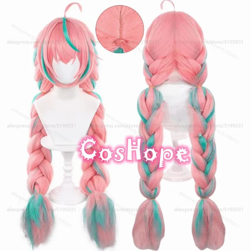 Varesa Cosplay Wig 100cm Long Pre Braided Pink Green Mixed Wig Cosplay Anime Cosplay Wigs Heat Resistant Synthetic Wigs