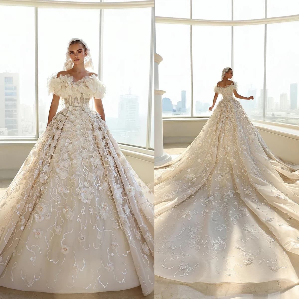 Luxury Wedding Dresses Sweetheart Beads 3D Appliques Lace Ball Bridal Gowns Custom Made Lace-Up Back Sweep Train Boho Robe