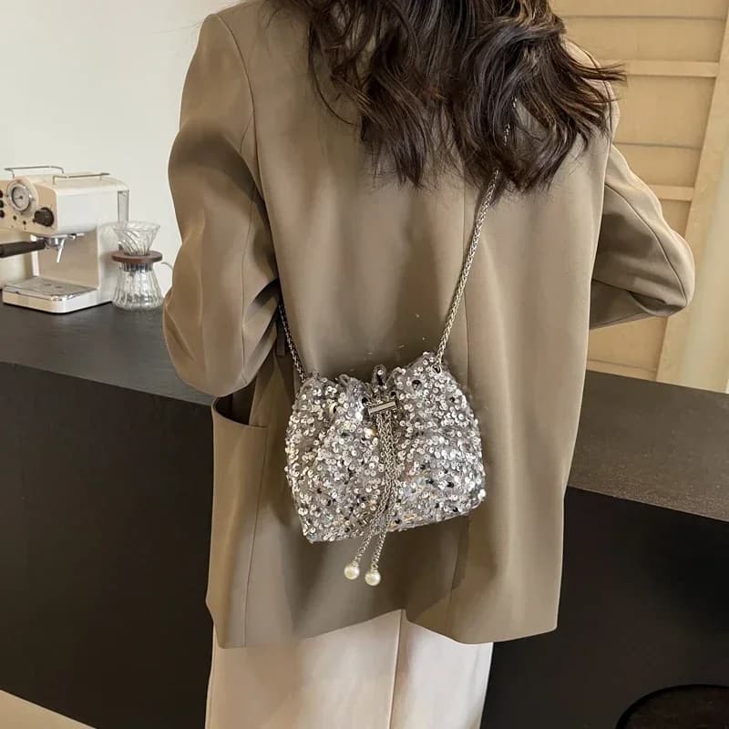 Handheld Sequin Bag for Women 2024 New Fashionable Bucket Bag Versatile Single Shoulder Crossbody Dinner Bag Paquete De Cena