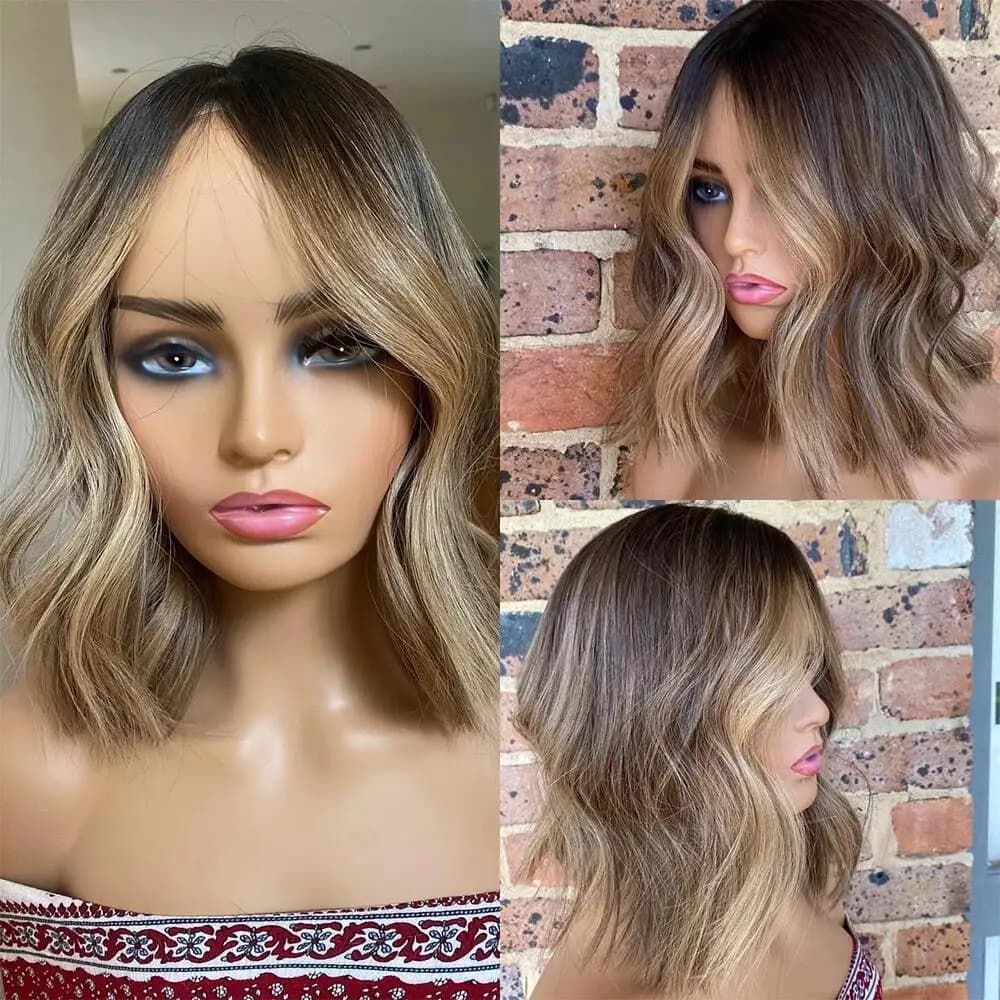 Soft Bob 18“ Short Highlight Brown Wave 5x5 Silk Base Jewish Human Hair Wig Baby Hair HD Lace European Hair Preplucked Glueless