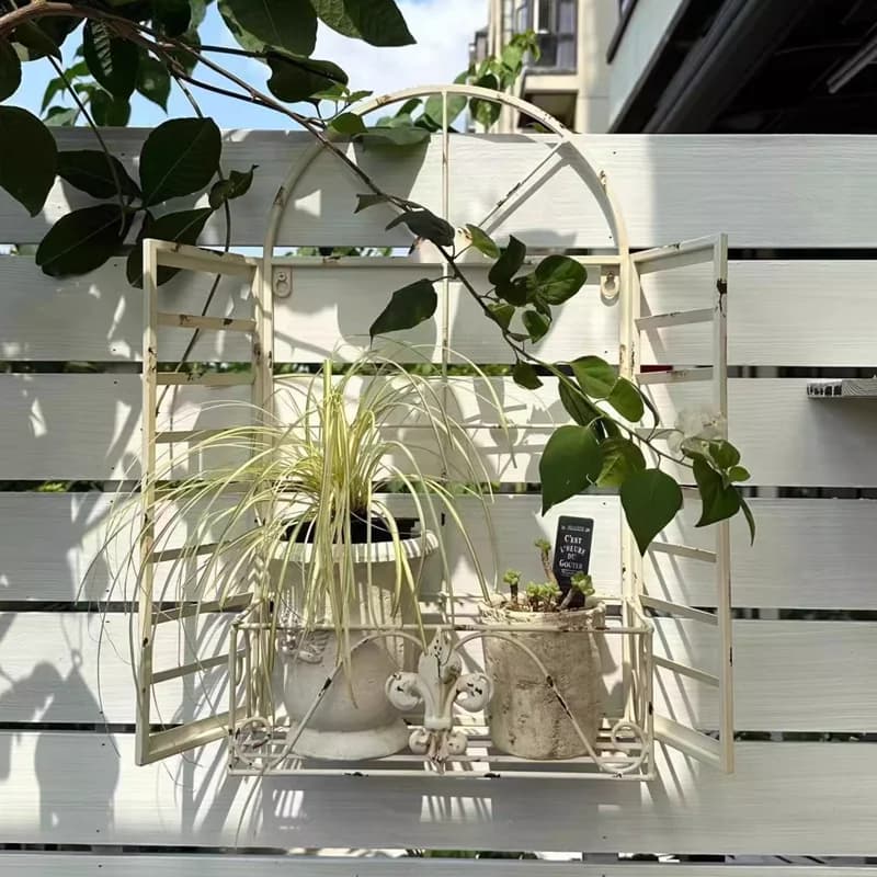 Vintage Rustic White Metal Wall Decor Arched Window Frame with Planting Holder