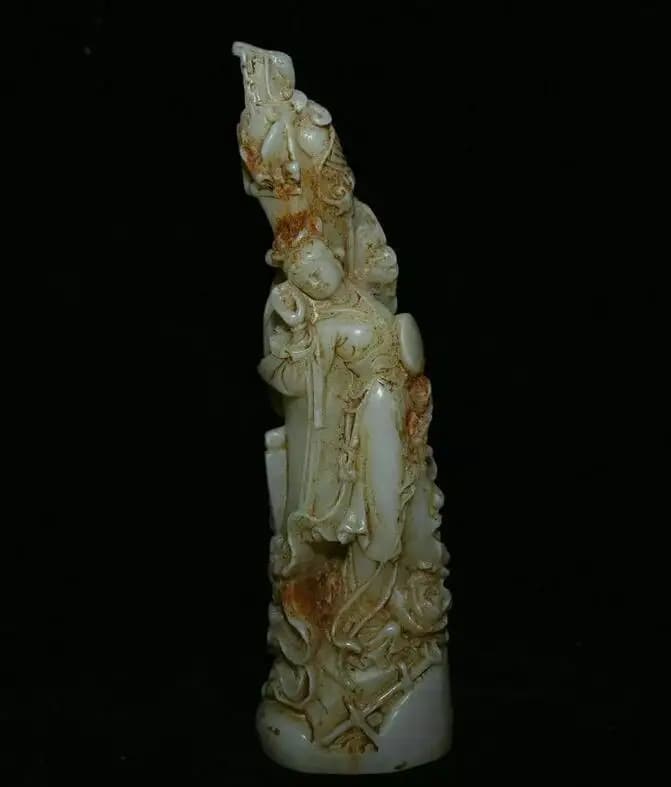 8.2" Old Chinese White Jade Carving Beauty Belle Flower Statue Sculpture
