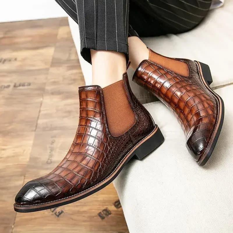 New 2024 Autumn Men Leather Ankle Boots Slip on Casual Shoes Fashion Plaid Design Chelsea Boot Men High Top Botines