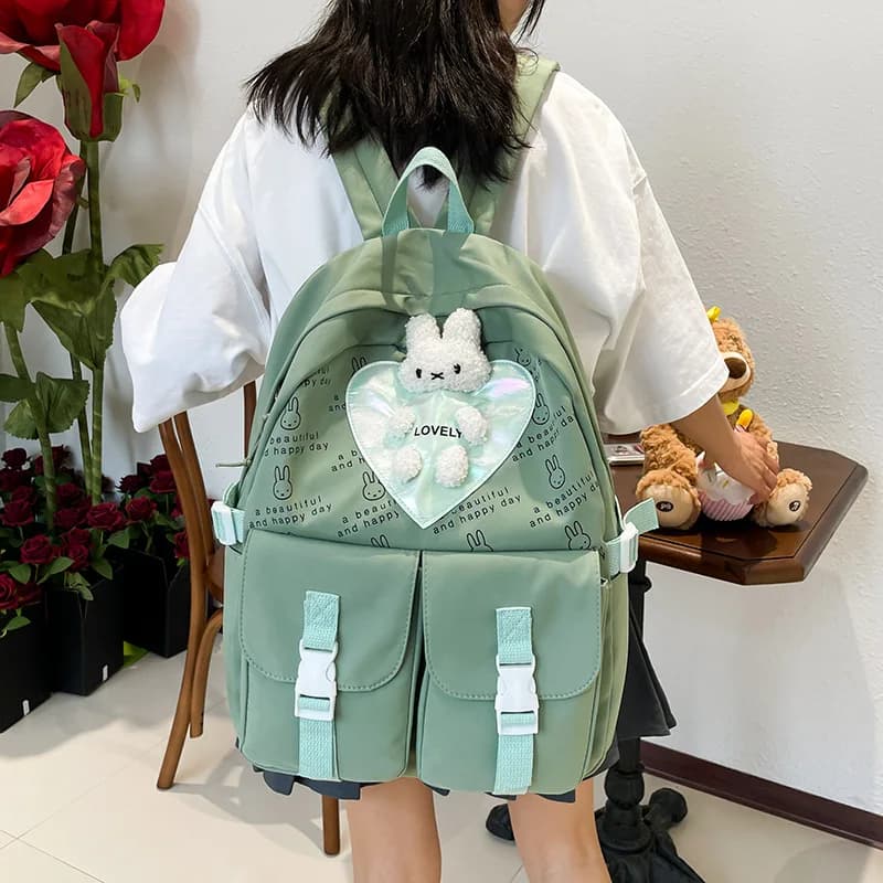 Sweet Cute Nylon Backpack For Women Rabbit Print Designer Girl Backpack Bag Doll Pendant Fashion School Bag For Girl 2024 New