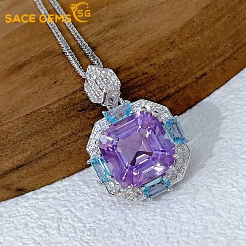 SACE GEMS S925 Sterling Silver 14MM Natual Amethyst Pendant Necklaces Brooch for Womne Engagement Cocktail Party Fine Jewelry