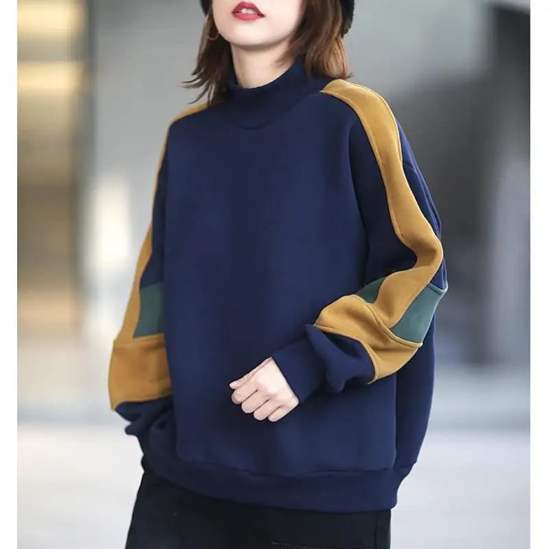 Fashion Korean Contrasting Colors Spliced Warm Tops Autumn Winter Female Half High Collar Casual Long Sleeve Sweatshirt T-shirt