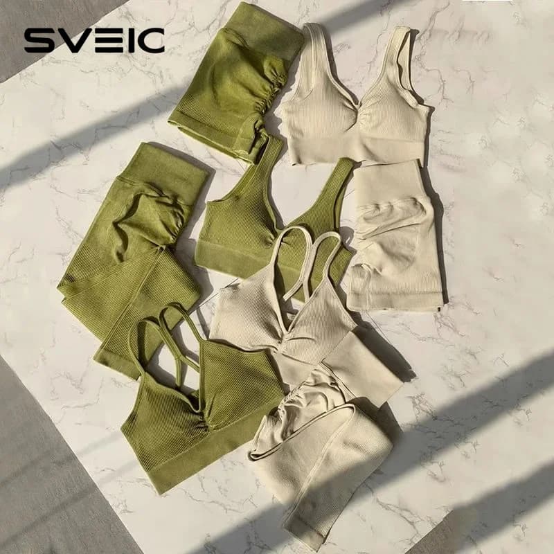 SVEIC Seamless Yoga Set Sport Bra Washing Knitting Fitness Tops Ribbed Sportswear Shorts Workout Suits Gym Women Outfit Clothing