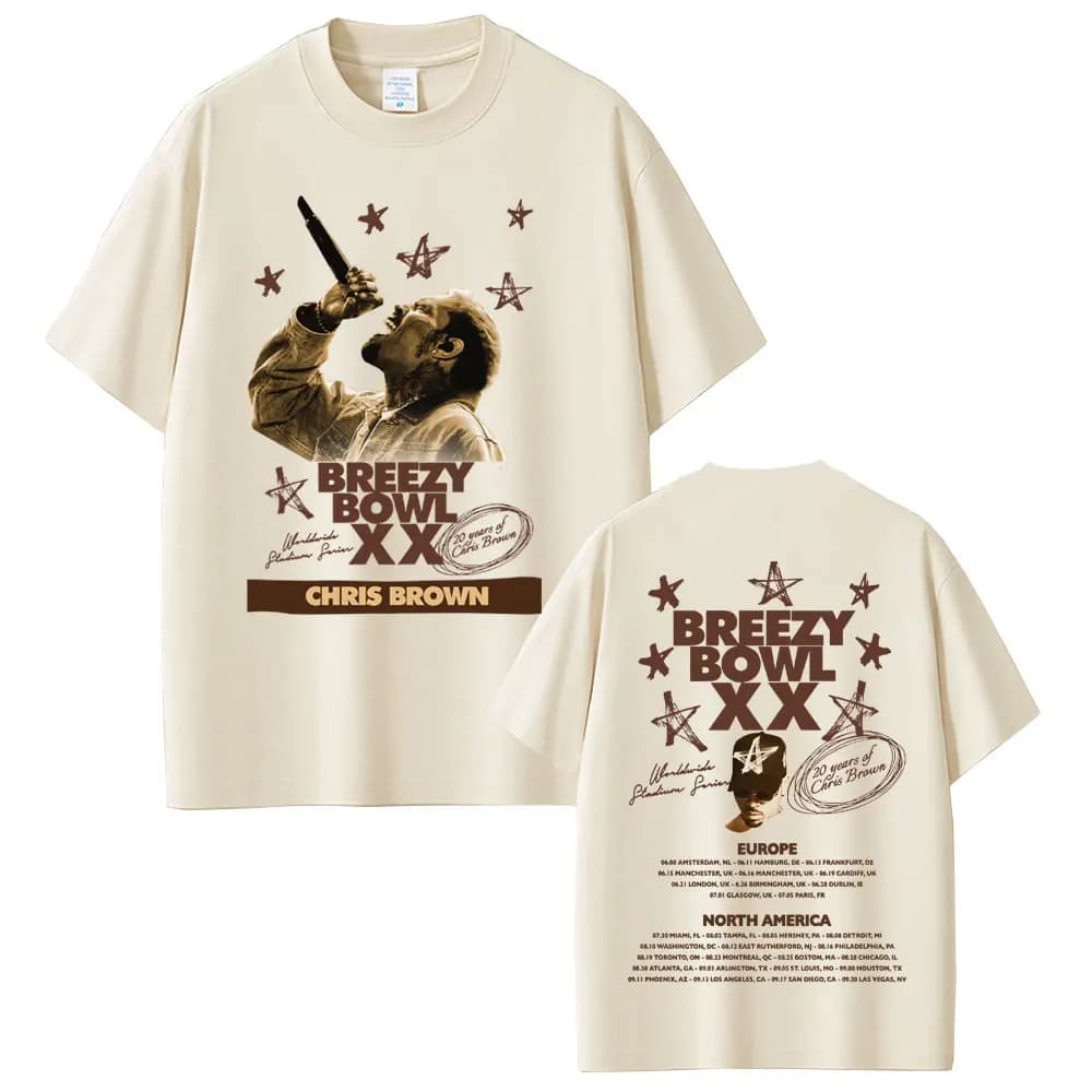 Rapper Chris Brown Breezy Bowl XX Tour 2025 T-shirt Men Women Hip Hop Fashion Pop Music  T Shirts Casual Cotton Vintage T-shirts