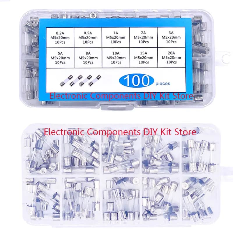 100pcs 5x20mm Quick Blow Glass Tube Fuse Assorted Kit Amp 0.2A 0.5A 1A 2A 3A 5A 8A 10A 15A 20A 250V with Storage Box