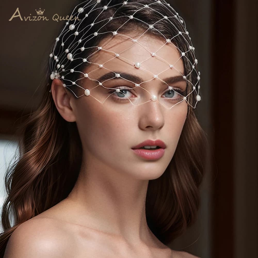 Pearl Embellished Bridal Tiara Wedding Accessories White Mesh Lady Bird Cage Veil Banquet Festival  Customized MA52
