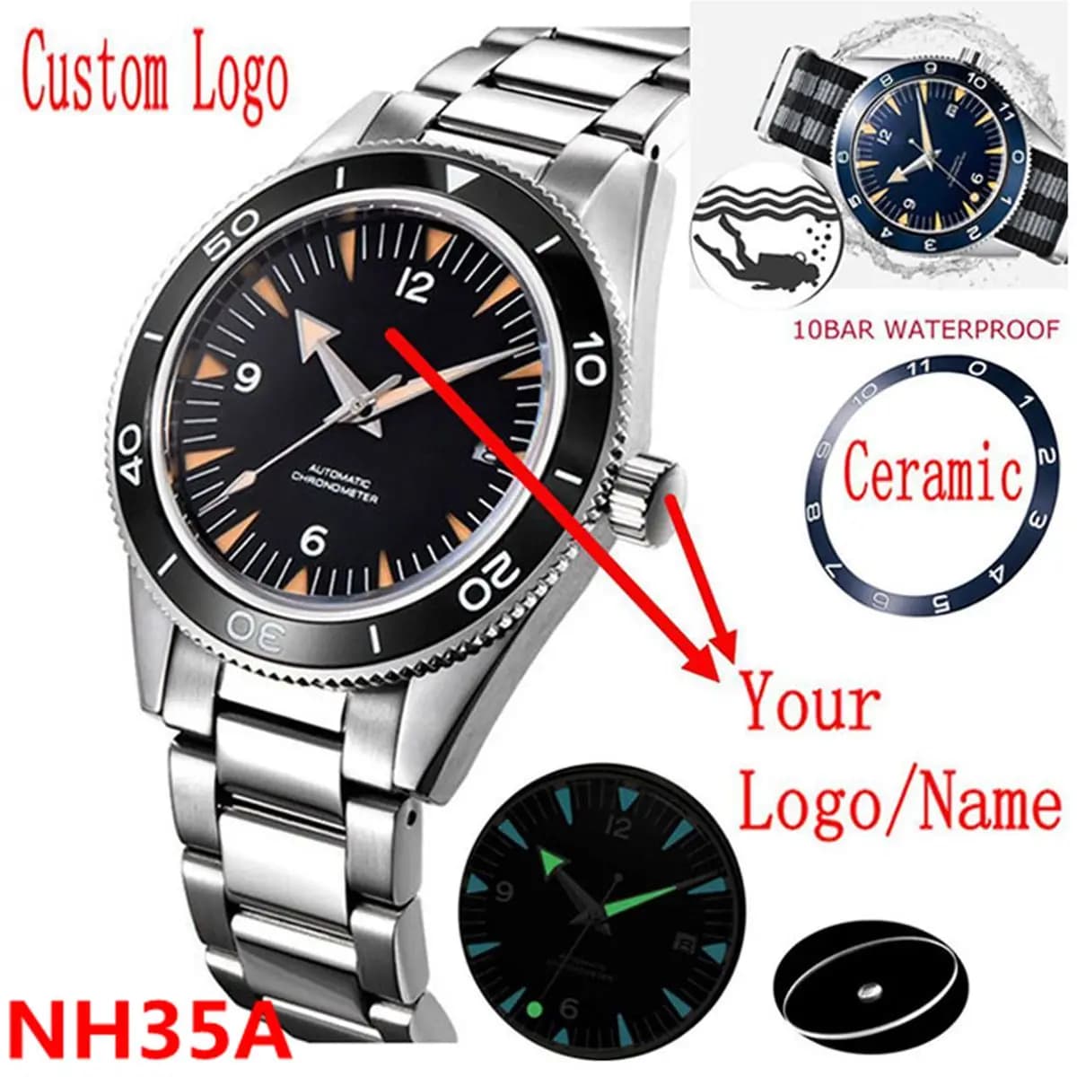 Custom Logo NH35A Watch 100 Waterproof Mens 41mm Sapphire Ceramic Bezel Male Mechanical Clock Diver Sports Automatic Wristwatch