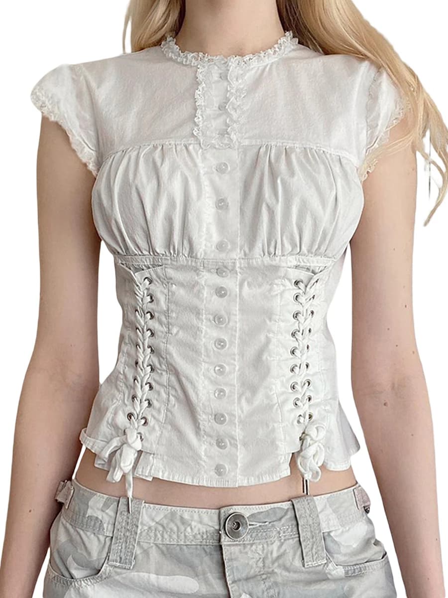 Women's Button Down T-Shirts Cap Sleeve Crew Neck Cross Tie-up Front Lace Trim Tops