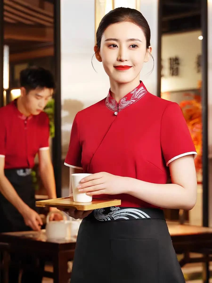 Chinese Restaurant Waiter Work Clothes Summer Hotel Hotpot Store Working Top and Apron Set Tea Cafe Staffs Uniform Free Shipping