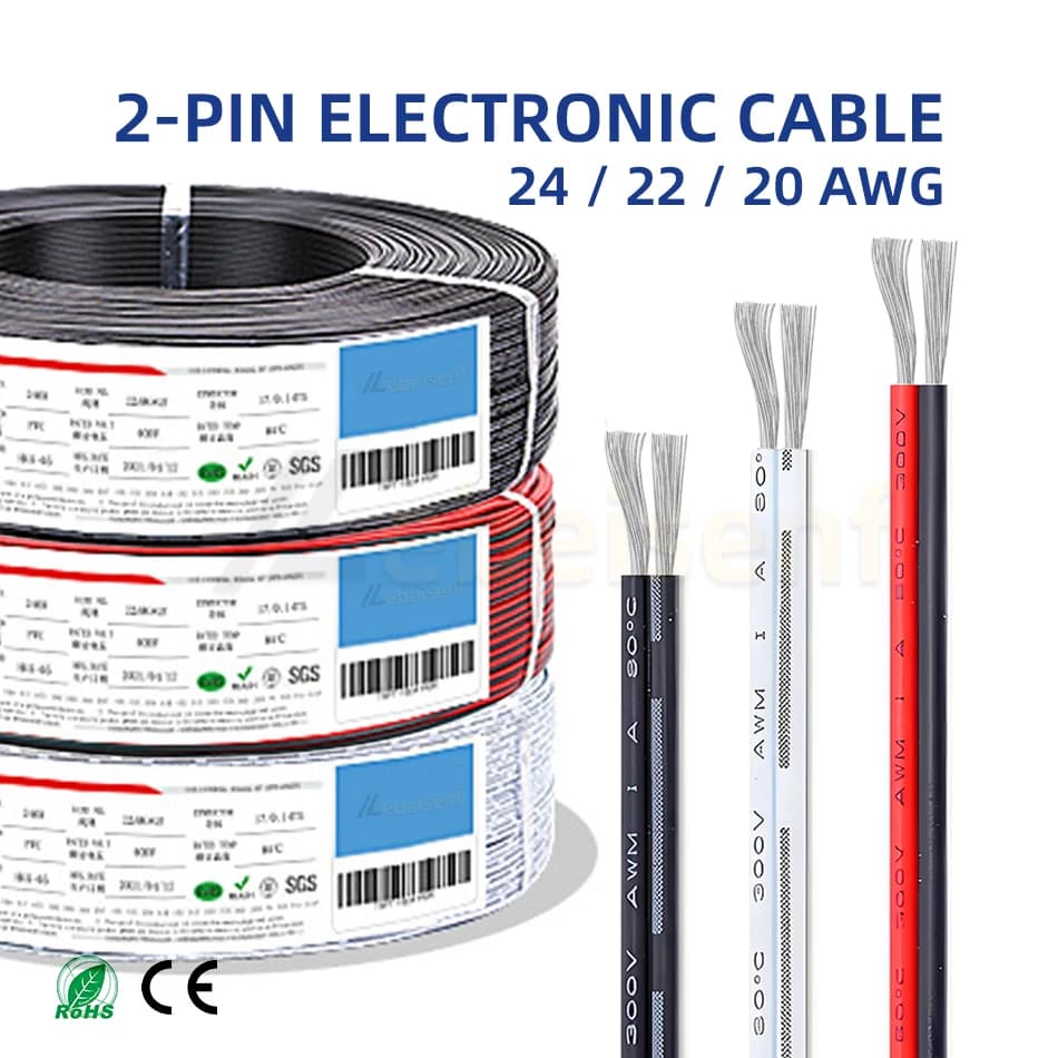 2Pin 2m/5m/10m/20m UL2468 2 Pins Electrical Wire 24 22 20AWG Tinned Copper Insulated PVC Extension LED Light Strip Cable 2-Pin