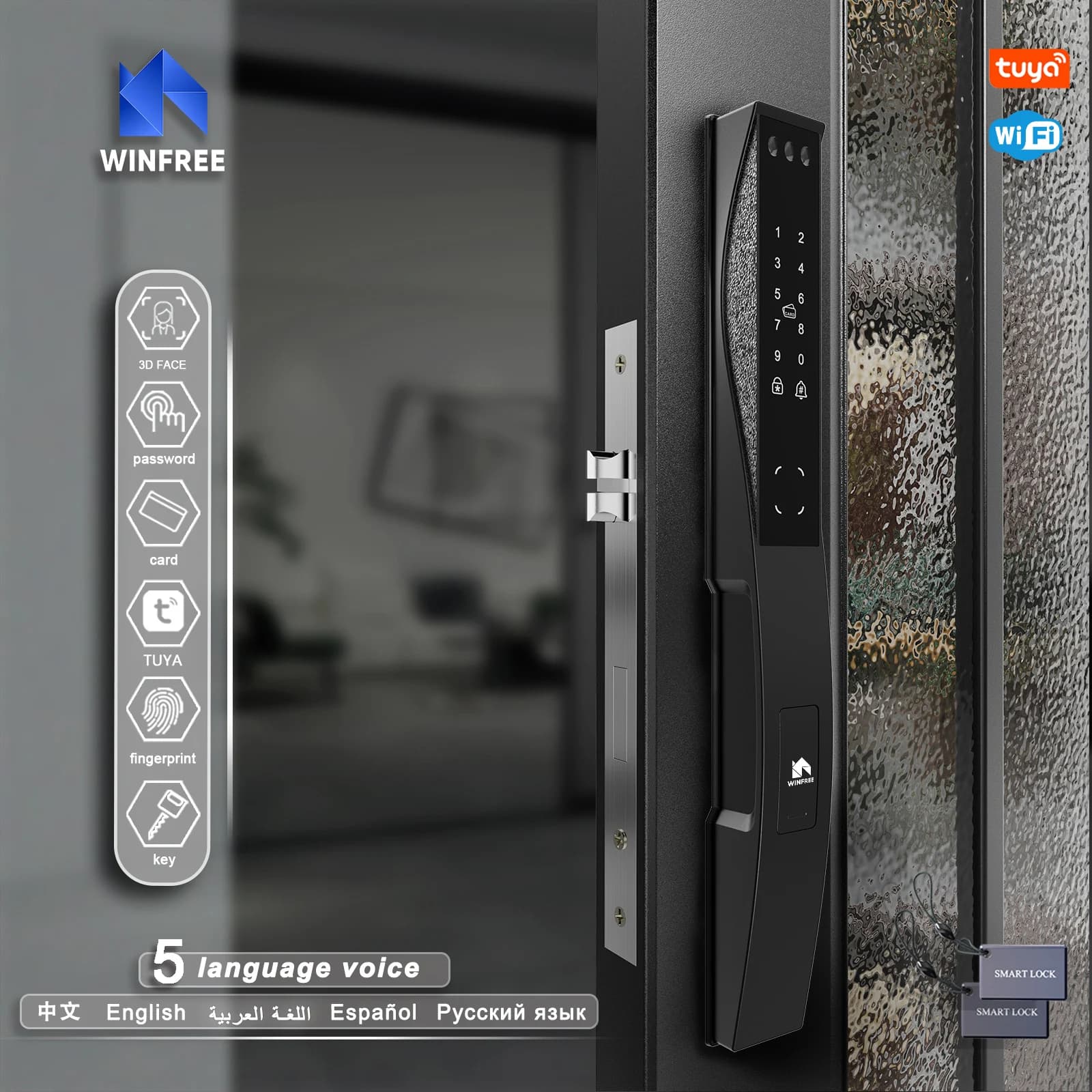 Luxury Black Zinc Alloy Tuya Wifi Biometric 3D Face Recognition Smart Lock Fingerprint Password  Key Card Lock