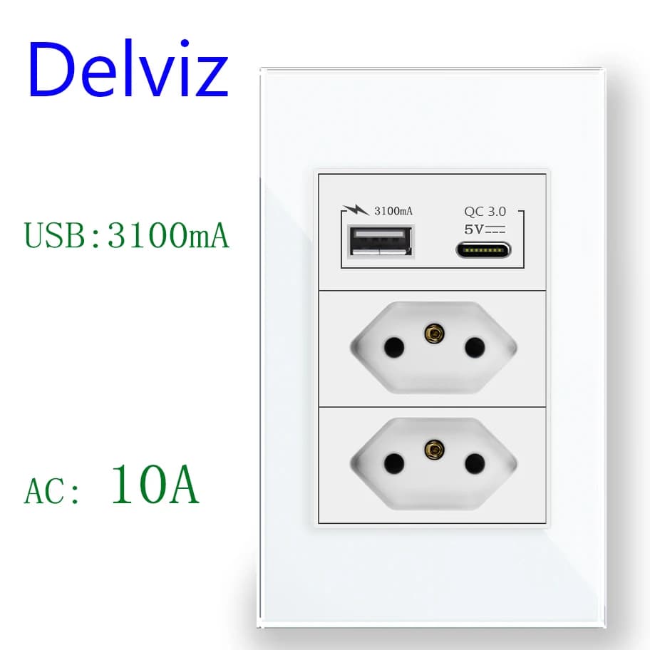 Delviz Type C USB Wall Socket, With 3A USB Ports Quick charge, 120mm*72mm Crystal glass Panel, Brazil Standard 10A Power Outlet