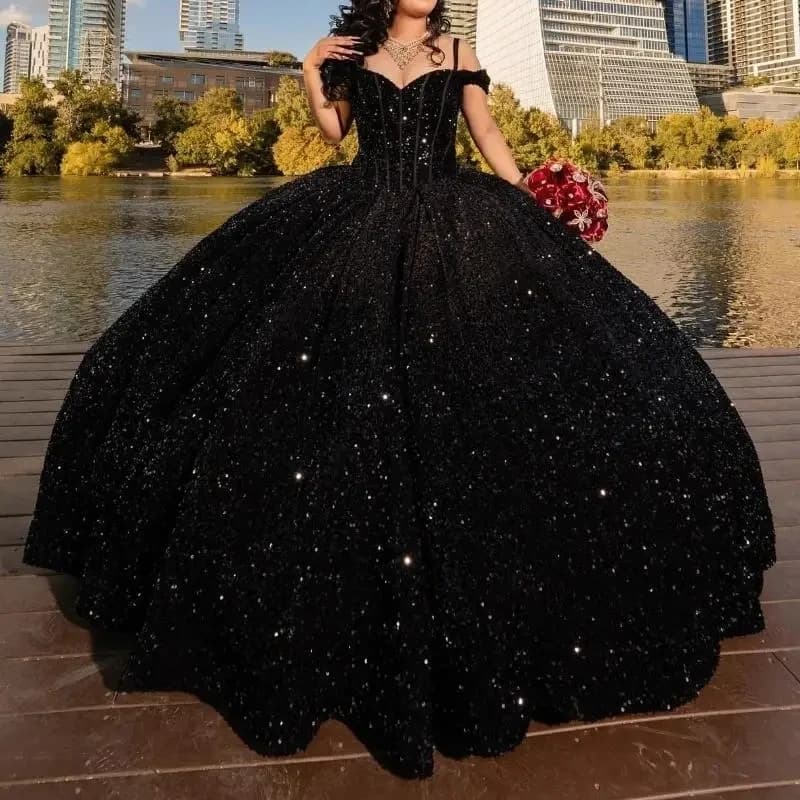 Black Sparkly Quinceanera Dresses Ball Gown Off The Shoulder Sequin Lace-up Graduation Gown vestidos 15 De Anos Sweet 16 Dress