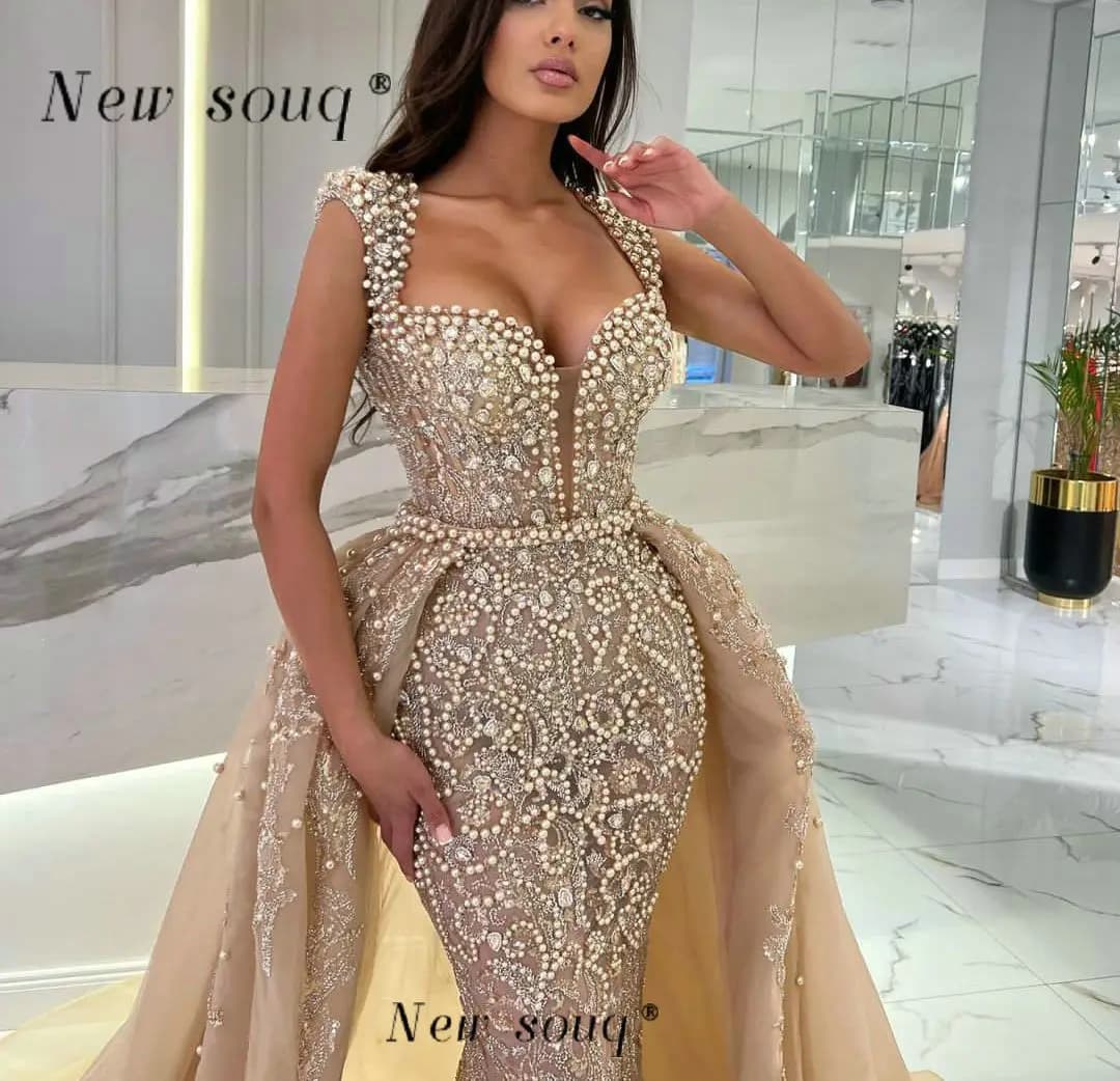 Customized Champagne Two Pieces Mermaid Evening Dresses with Pearls Crystals Arabic Formal Overskirts Weddig Dinner Party Gowns