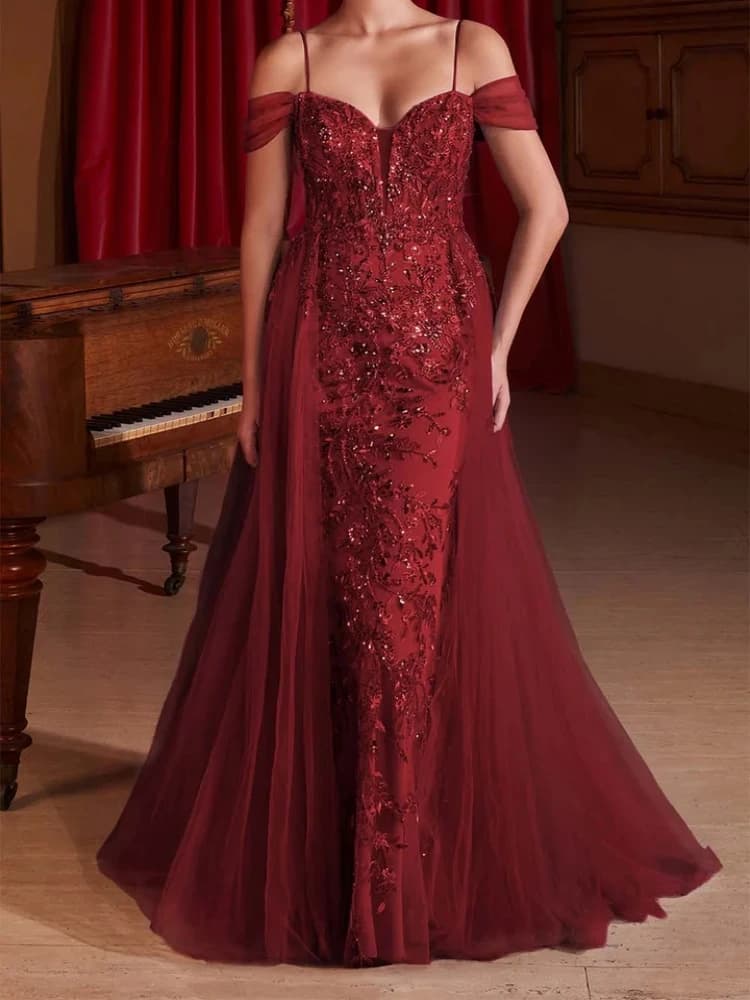Customized Wine Red Women Wedding Party Dresses Off Shoulder Lace Applique Mermaid Long Formal Occasion Wear Evening Prom Dress