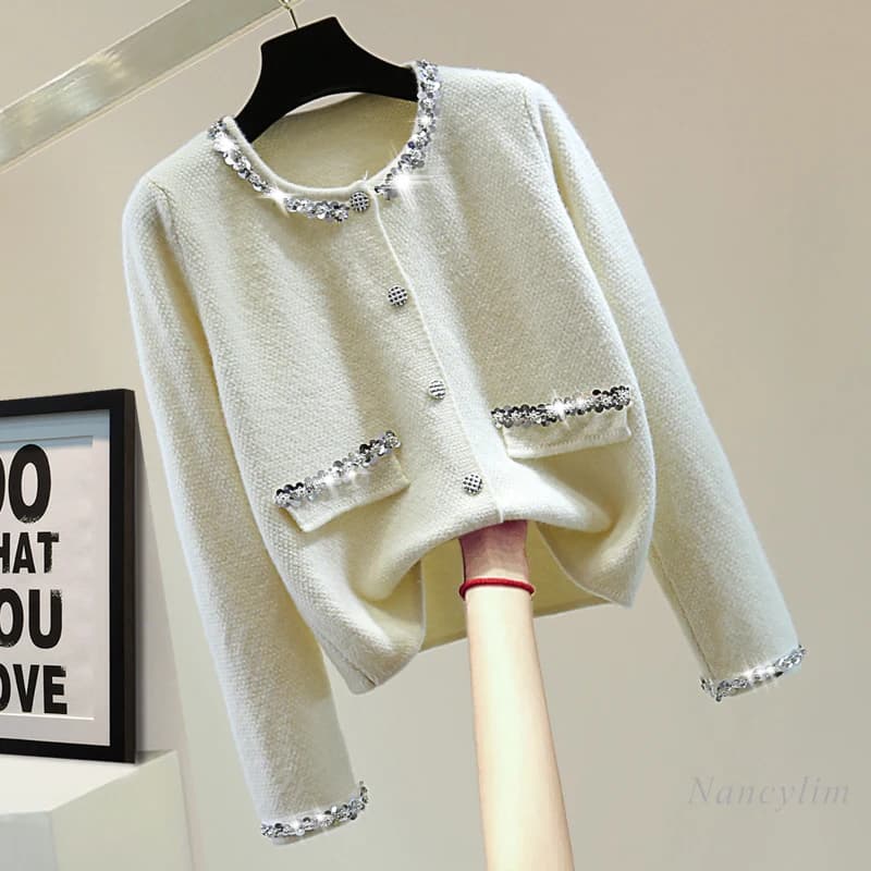 Diamond Beaded Round Neck Long-sleeved Knitted Cardigan Lady 2024 Fall Winter Short Solid Color Sequined Sweater Coat for Women