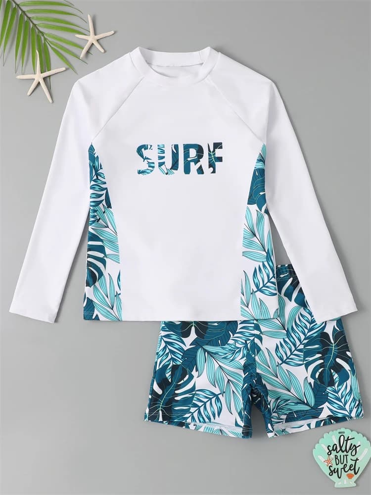 Boy Swimsuit 2025 New Solid And Print Long Sleeve Children Swimwear Summer Kids Beach Wear Shorts Swimming Bathing Suit For Men