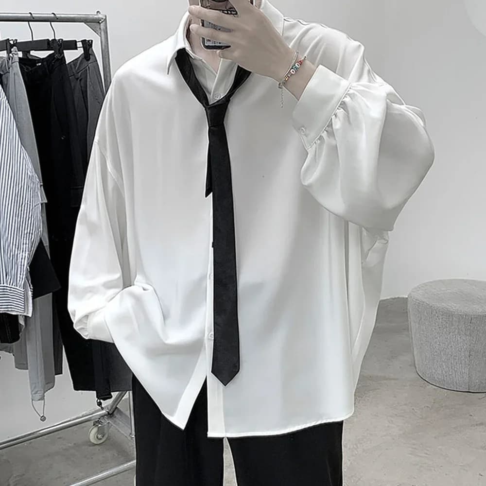 Korean Style Men's Long-sleeved Shirts Black Tie Cozy Casual Solid Oversize Blouses Breathable Loose Shirt Harajuku Male Clothes