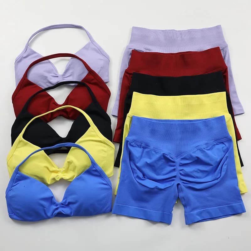2 Pieces Impact Gym Set Women Workout Clothes Scrunch Shorts Set Halter Sports Bra Fitness Top Woman Sportswear Yoga Set Outfits