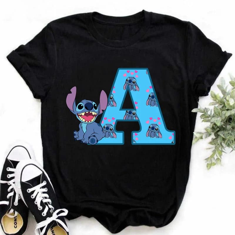 Disney Lilo & Stitch A-Z English Letters Short Sleeve Women Print T Shirt Casual Female Top Tshirts Cartoon Tee T-Shirt