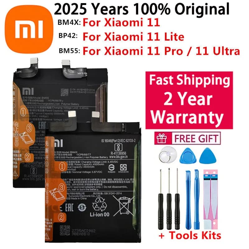 2025 Year 100% Original Xiaomi Battery BP42 BM4X BM55 For Xiaomi Mi 11 Mi11 Lite / Mi 11 / 11 Pro / 11 Ultra Replacement Bateria
