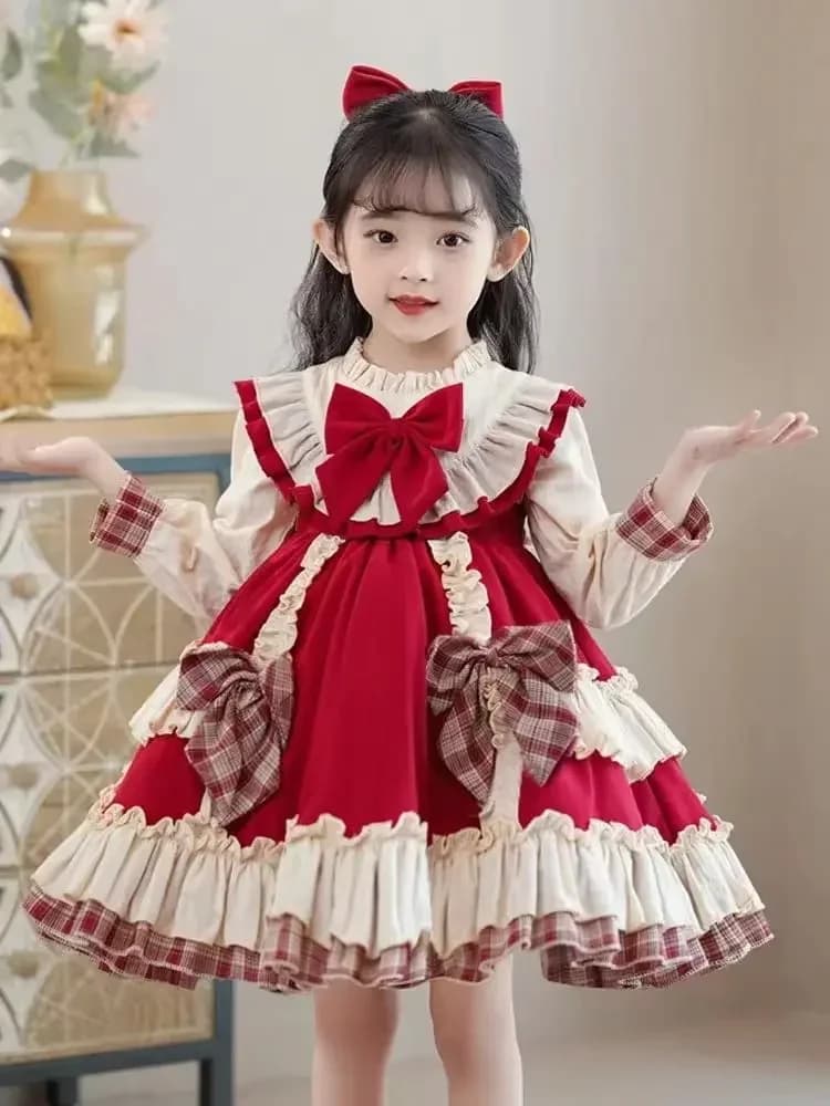 Lolita Girls Dress Spring Autumn 2024 New Cute Dress Fashion Party Knee-Length Ruched Princess Flower Girl Dresses Lovely Sweet