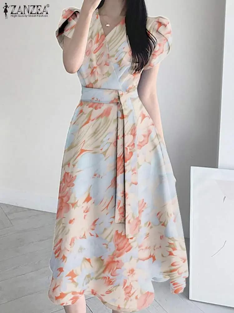 2024 ZANZEA Elegant V Neck Short Sleeve Dress Women Fashion Floral Printed Midi Sundress Summer Holiday Party Vestido Robe Femme