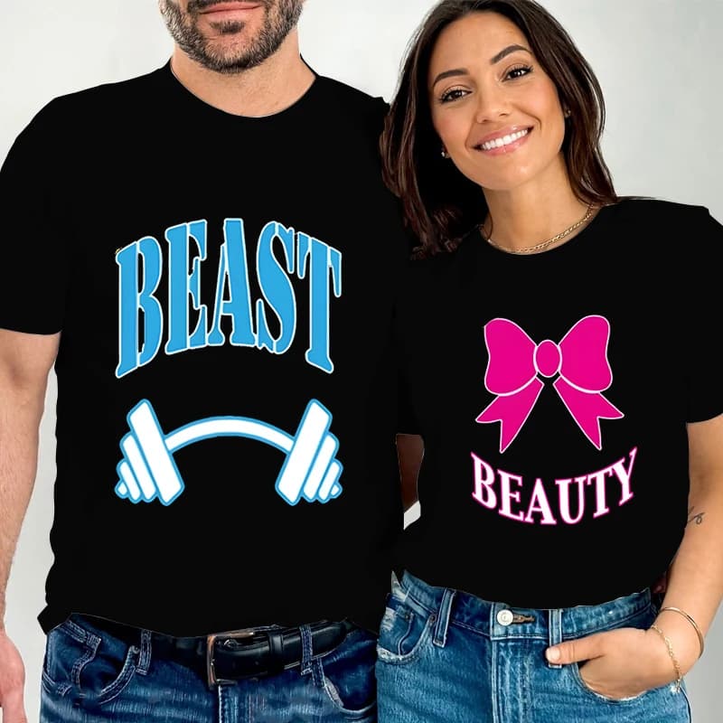 Beast Beauty Print Couple T Shirt Short Sleeve O-Neck Loose Women Men Tshirt Dumbbell and Bow Pattern Lovers Tshirt  Camisetas