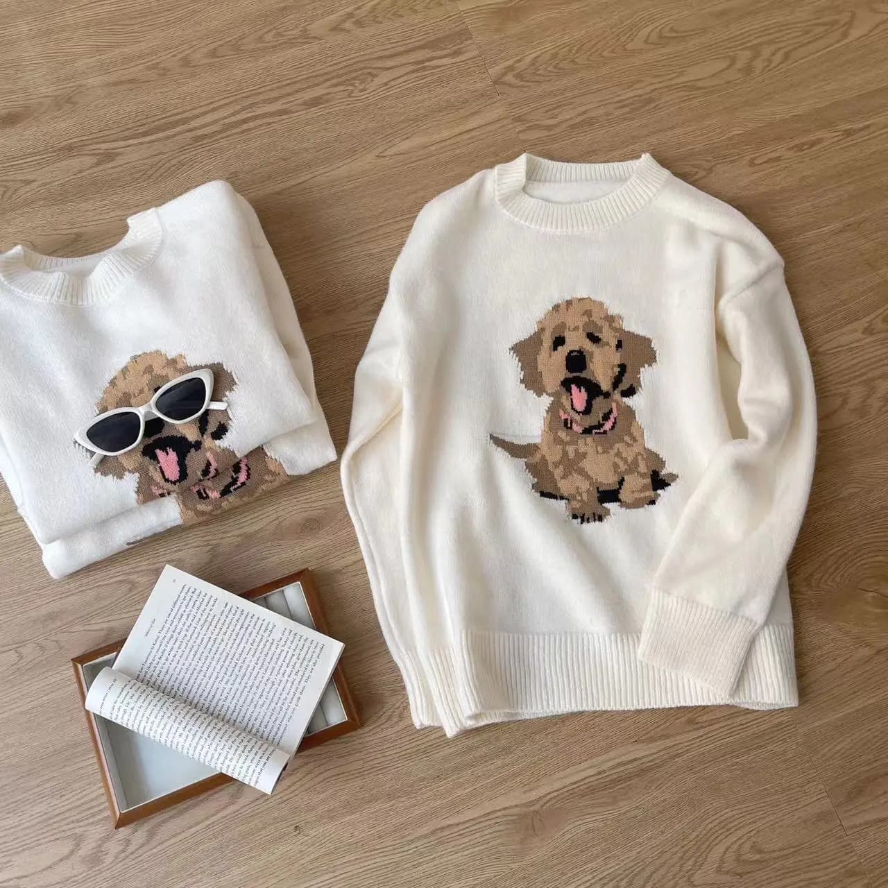 Women's Beige Dog Winter Sweater O-Neck Long Sleeve Y2K Academy High Street Cute Retro 90s Warm 2000s Top Sweater 2024 Clothing