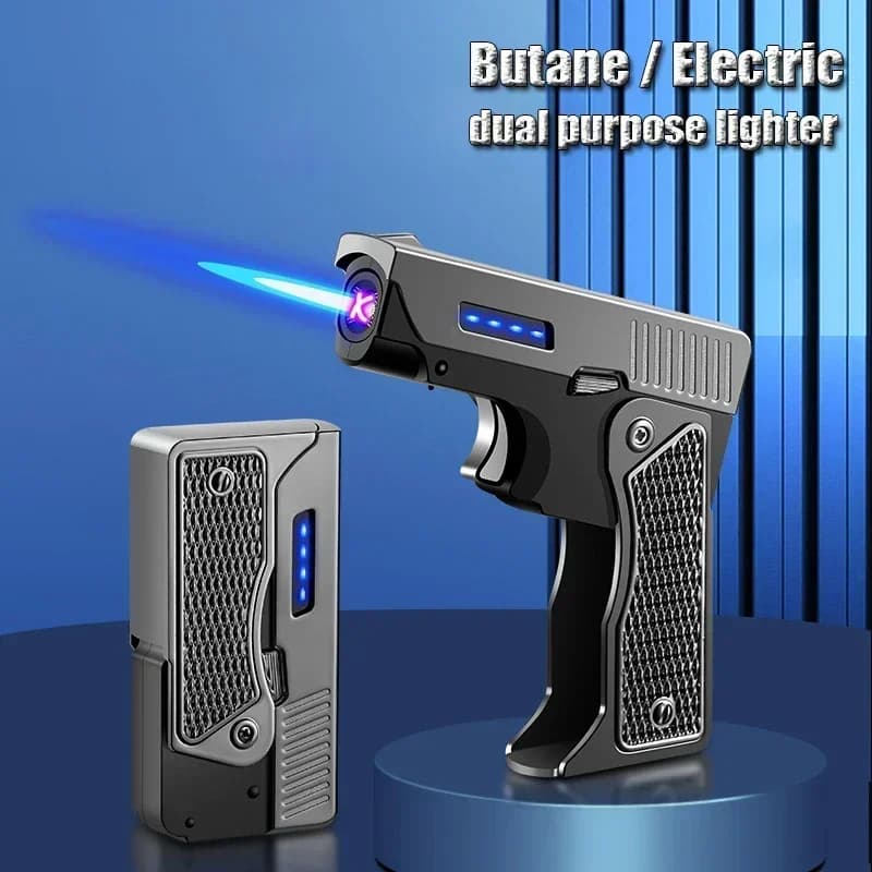 2024 Gas-Electric Dual-Purpose Windproof Jet Lighter Double-Arc Cigarette Lighter Foldable Gun-Type Lighter Men'S Gadget Gift
