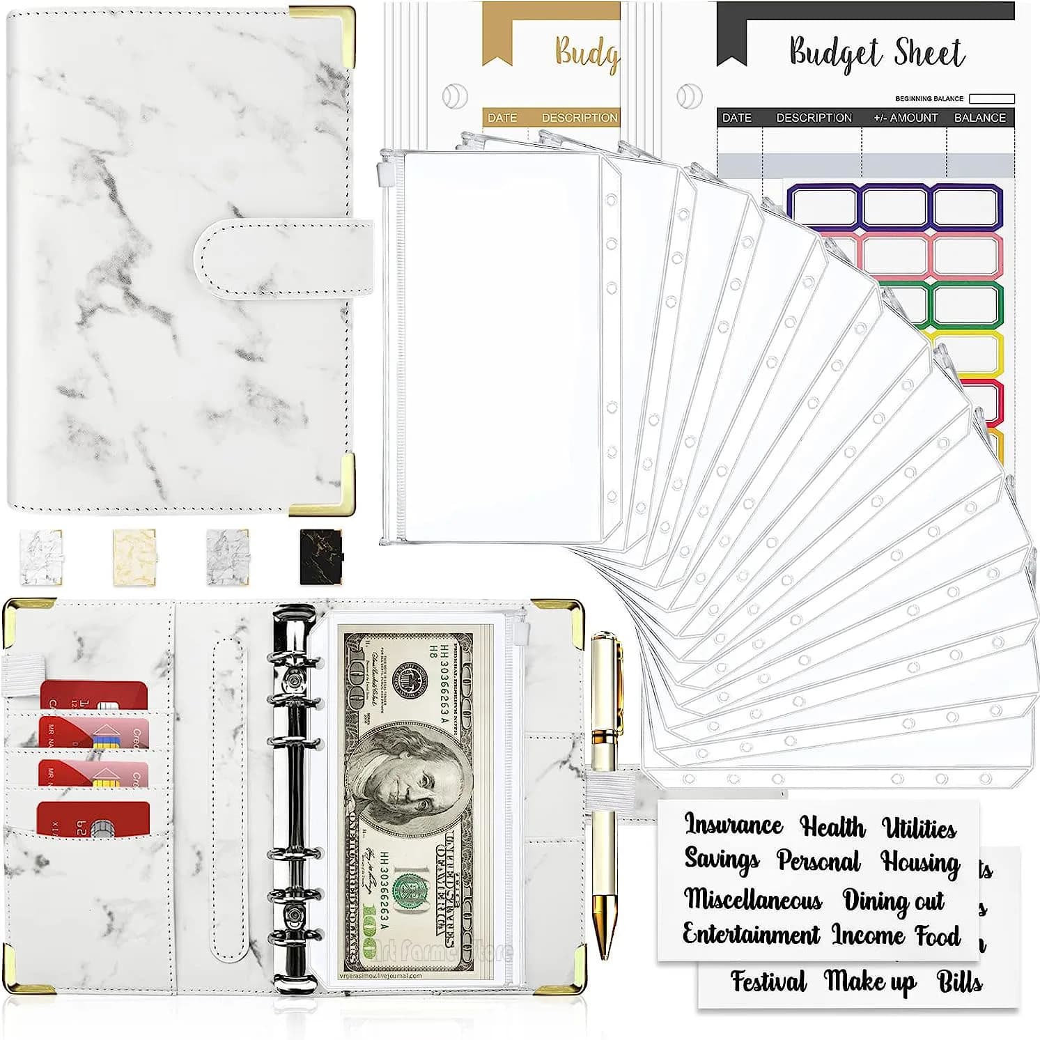 A6 Money Saving Organizer White PU Leather Budget Binder Marble Notebook Budgets Planner 2023 Envelope Office School Supplies