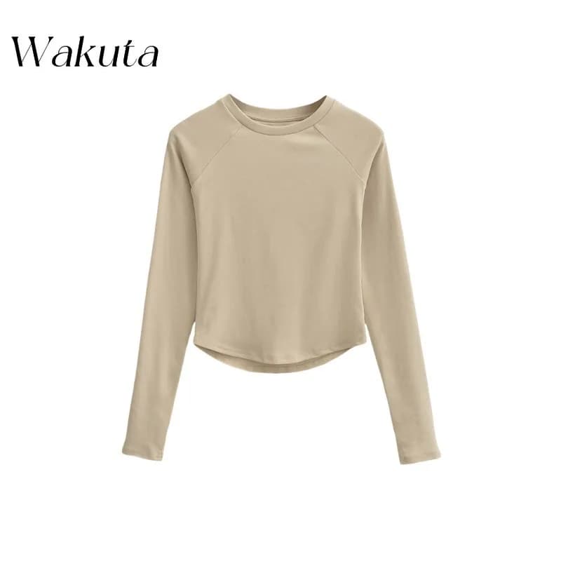 WAKUTA American Classic Round Neck Plunge Long Sleeve Bottom Shirt Casual Stretch Slim Solid Color Hem Curved Tees Pro Choice