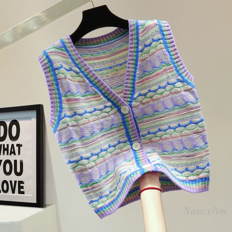 Summer Colorful Striped V-neck Vest Top Women New Korean Style Slimming High Waist Short Casual Sleeveless Knitwear