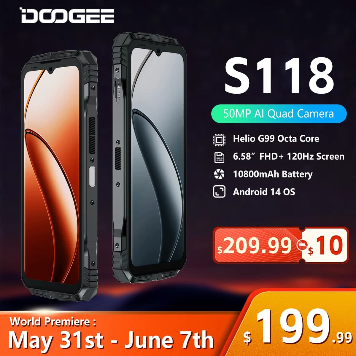 DOOGEE S118 Rugged Smartphone 8GB 512GB 6.58" FHD+ Screen Helio G99 50MP AI Camera 10800mAh Android 14 NFC 4G Cell Phone