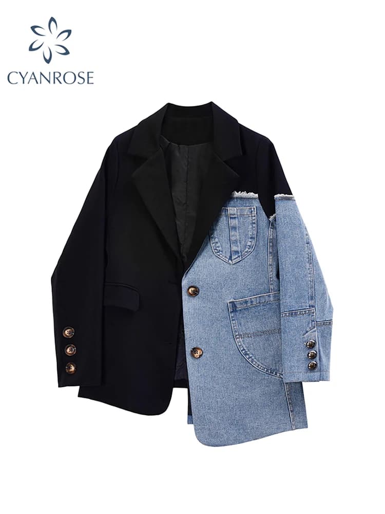 Women Vintage Fashion Blazer Denim Patchwork Jackets 2022 Autumn Winter Irregular Coat Women Long Sleeve Loose Korean Outerwear