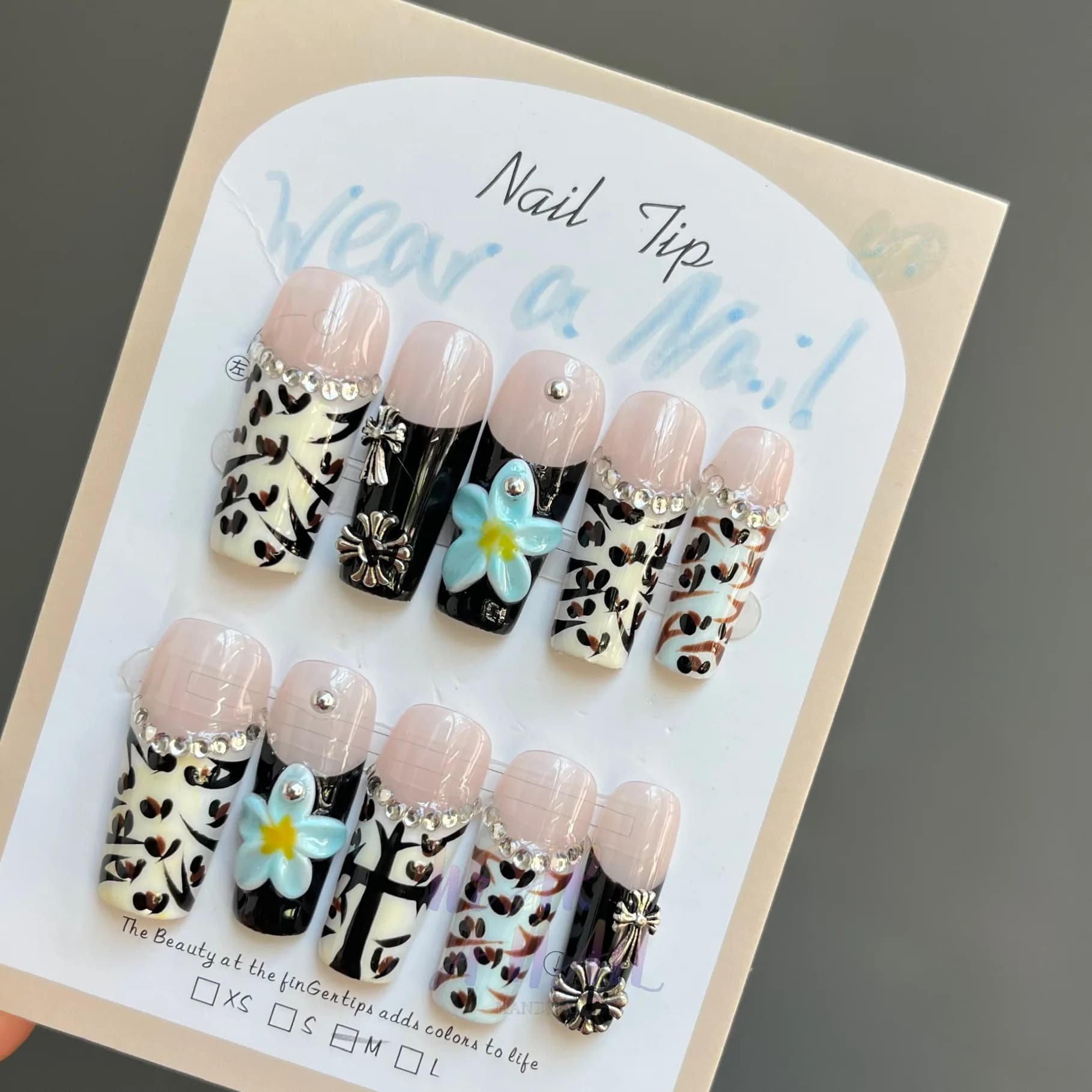 10PCS Handmade French Y2k Press on Nails 3D Flower Reusable Adhesive Hand-painted Glittering False Nails Full Cover Nail Tips